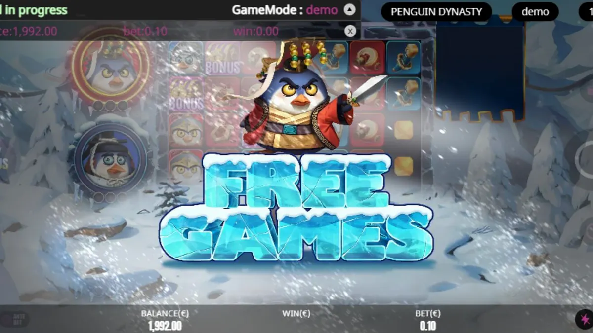 Isang makulay na screenshot ng Penguin Dynasty slot na nagpapakita ng mga penguin warriors sa isang yelong palasyo.